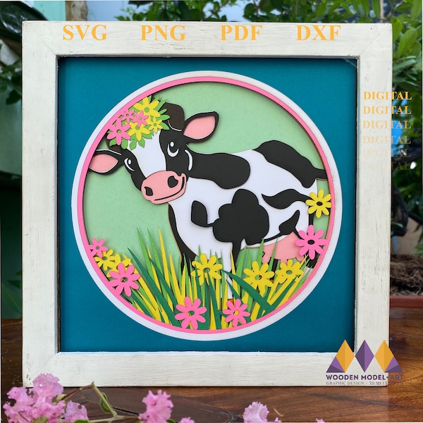 3D FLORAL COW SVG, Cow Shadow Box Svg - Cricut Files, Cardstock Svg, Silhouette Files