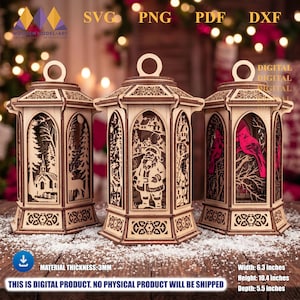 May include: Three laser-cut wooden lantern models featuring intricate holiday scenes including a church, Santa Claus, and a cardinal. The digital files are labeled SVG, PNG, PDF, and DXF. Dimensions are 6.3 inches wide, 10.4 inches high, and 5.5 inches deep.