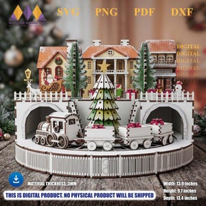 Puede incluir: Un modelo de madera cortado con láser de un pueblo navideño con un tren en una vía circular, un árbol central y edificios. El texto incluye SVG, PNG, PDF, DXF y dimensiones de 35,3 cm de ancho, 24,6 cm de alto y 34 cm de profundidad.