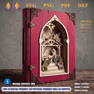 May include: A layered wooden book-shaped display featuring a nativity scene with a star, angels, and figures. The cover is deep red with ornate corner accents. Text includes SVG, PNG, PDF, DXF, and dimensions of 7.8 inches by 1.7 inches by 6 inches.