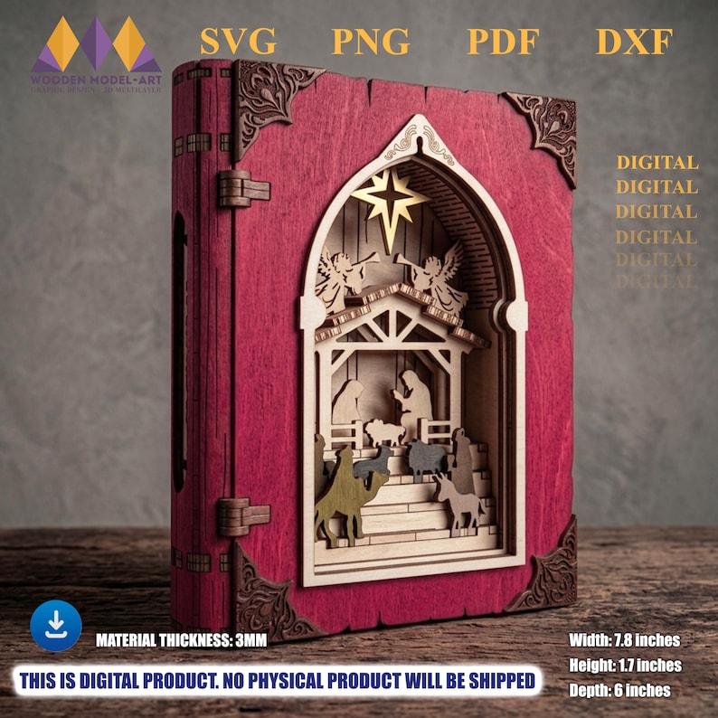 May include: A layered wooden book-shaped display featuring a nativity scene with a star, angels, and figures. The cover is deep red with ornate corner accents. Text includes SVG, PNG, PDF, DXF, and dimensions of 7.8 inches by 1.7 inches by 6 inches.