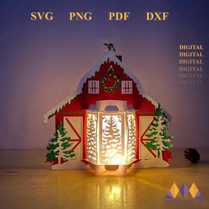 FERME DE NOL lanterne Svg, boîte d'ombre de lanterne 3D, décoration de Noël, décorations de Noël lanterne bricolage - modèle de découpe de papier pour Noël
