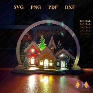 Scena di quartiere di Natale 3D file svg tagliato al laser Glowforge Christmas House Lantern svg, lampada da tavolo taglio laser digitale