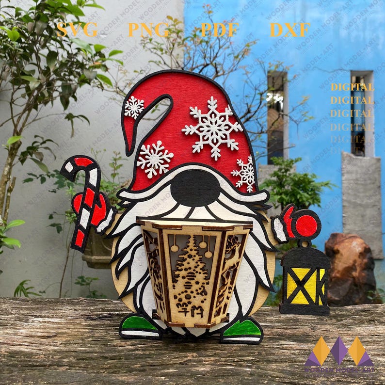 May include: A wooden gnome figurine with a red hat and white snowflakes, holding a candy cane and a lantern. The gnome is standing on a wooden surface.