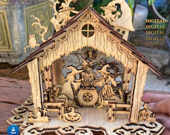 Laser Cut Halloween Nativity Scene Candle Holder SVG (Digital File)