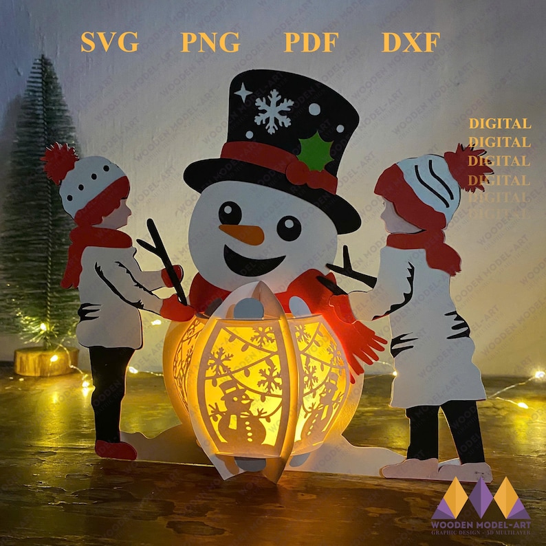 May include: A digital cut file design of a snowman with two children holding a lantern. The snowman is wearing a black top hat with a red band and a green holly sprig. The lantern is decorated with snowflakes and lights. The design is perfect for creating a festive Christmas decoration.