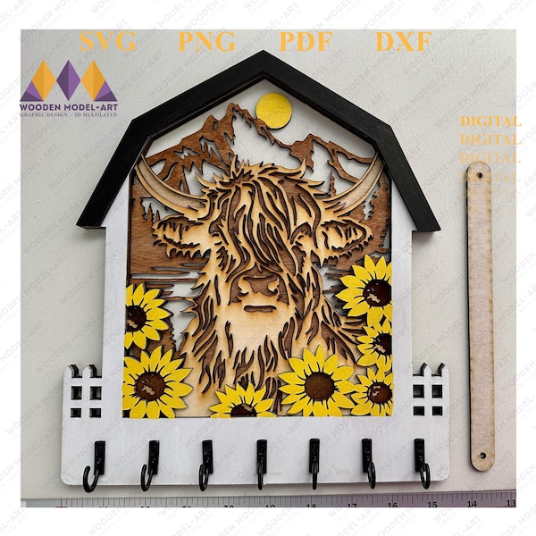 HIGHLAND COW Farm Key Hanger or Decor - SUNFLOWER Laser Ready file - Glowforge and All Lasers, Plywood Painting Digital design Laser cut.