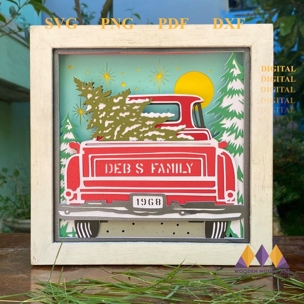 Customizable 3D RED TRUCK CHRISTMAS Svg Shadow Box - Christmas Light Box Decor - Light Box - Cricut - Silhouette.