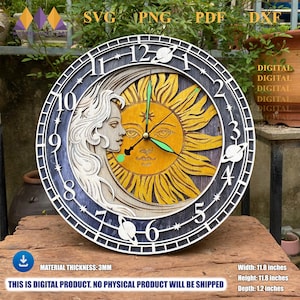May include: A wooden celestial-themed clock featuring a sun and moon design. The clock face is round, with a blue and white border, and includes the numbers 1 through 12. The clock measures 11.8 inches in width and height, and 1.2 inches in depth.