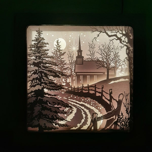 Merry Christmas Shadow Box/Lightbox Snow Santa's Cabin - Christmas/ Christmas winter in forest 3D Paper Cut Template Light Box SVG Digital