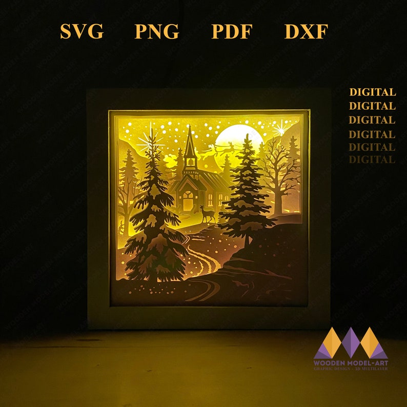 May include: A digital file for a 3D papercraft model of a winter scene with a church, trees, and a deer. The scene is illuminated with a warm glow, creating a festive atmosphere.