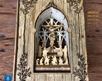 Puede incluir: Una escena religiosa de madera cortada con láser que presenta un crucifijo dentro de un marco arqueado. El diseño incluye figuras y detalles arquitectónicos, con el texto "THIS IS DIGITAL PRODUCT. NO PHYSICAL PRODUCT WILL BE SHIPPED".