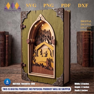 May include: A green wooden book-shaped light box featuring a multi-layered laser-cut nativity scene with a town silhouette. The cover has decorative corner accents and a hinge. Dimensions are 7.8 inches wide, 1.7 inches high, and 6 inches deep.