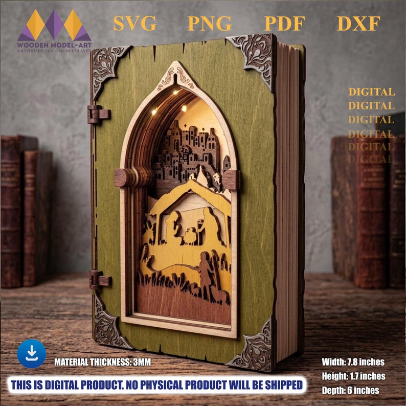 May include: A green wooden book-shaped light box featuring a multi-layered laser-cut nativity scene with a town silhouette. The cover has decorative corner accents and a hinge. Dimensions are 7.8 inches wide, 1.7 inches high, and 6 inches deep.