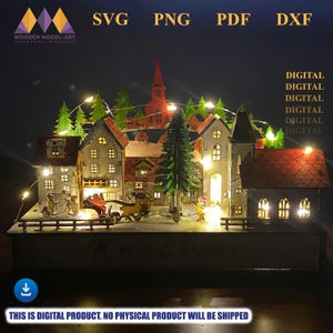 May include: A wooden Christmas village scene with illuminated buildings, trees, and a horse-drawn carriage. The scene is lit with small fairy lights and features the text "Merry Christmas". The product is a digital download.