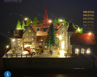 Laser Cut Christmas Village Scene Candle Holder: Christmas Table Lamp Svg (Digital File)