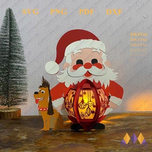 Père Noël lanterne Svg, boîte d'ombre de lanterne 3D, décoration de Noël, décorations de Noël lanterne bricolage - modèle de découpe de papier pour Noël