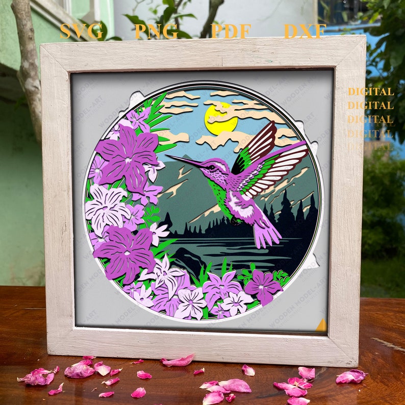 Hummingbird Shadow Box SVG Template: 3D Flowers & Sun (digital Download ...