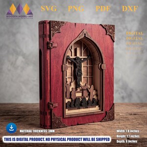 May include: A multilayered wooden book-shaped art piece featuring a deep red cover with ornate corner accents and a central arched cutout displaying a 3D scene of a crucifixion. The dimensions are 7.8 inches wide, 1.7 inches high, and 6 inches deep.