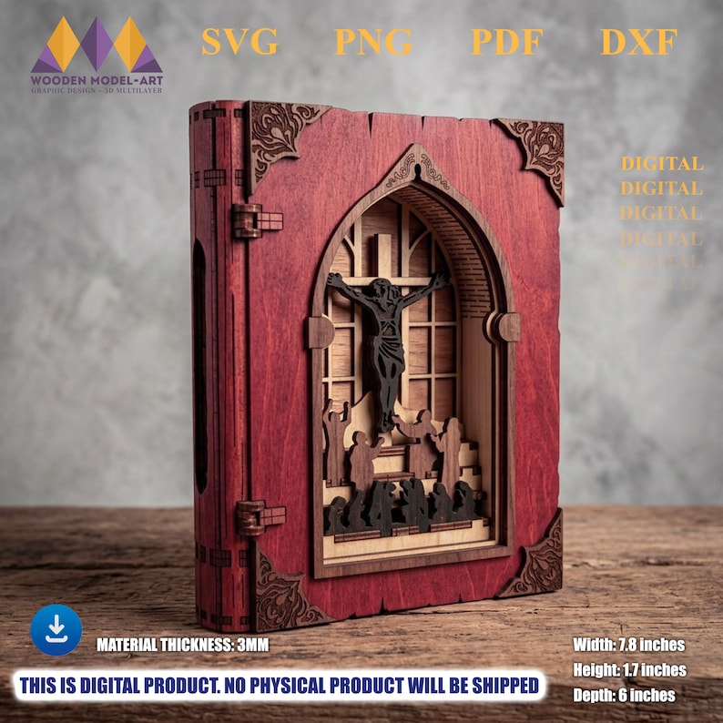 May include: A multilayered wooden book-shaped art piece featuring a deep red cover with ornate corner accents and a central arched cutout displaying a 3D scene of a crucifixion. The dimensions are 7.8 inches wide, 1.7 inches high, and 6 inches deep.