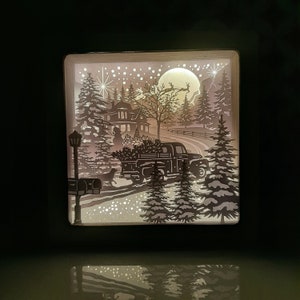 Merry Christmas Shadow Box/Lightbox Snow Santa's Cabin - Natale/Natale inverno nella foresta 3D Paper Cut Template Light Box SVG Digitale