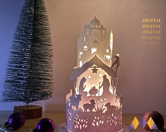 May include: A white papercraft nativity scene with a star on top of the stable. The scene is illuminated from within, casting a warm glow. The scene is surrounded by a white base with a decorative pattern. The words "SVG, PNG, PDF, DXF" are at the top of the image. The words "DIGITAL DIGITAL DIGITAL DIGITAL DIGITAL" are on the right side of the image.