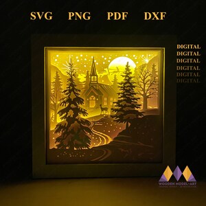 May include: A digital download of a layered papercraft design featuring a snowy church scene with a deer, trees, and a full moon. The design is perfect for creating a 3D illuminated artwork.