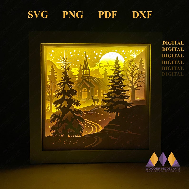 May include: A digital download of a layered papercraft design featuring a snowy church scene with a deer, trees, and a full moon. The design is perfect for creating a 3D illuminated artwork.