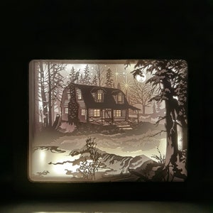 Christmas Cabin House In Forest/MerryChristmas Shadow Box/Lightbox/3d Box Xmas/Christmas winter in forest 3D Paper Cut Template Light Box