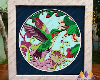 May include: A framed image of a hummingbird with a red throat, green body, and purple wings, drinking nectar from a pink flower. The hummingbird is surrounded by other flowers in shades of pink, red, and green. The image is set against a blue background.