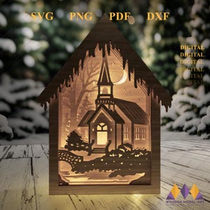 Lanterne d'église de Noël découpée au Laser, décoration Svg de lanterne de scène de Noël, traîneau du père Noël - renne, fichier Glowforge Laser Ready