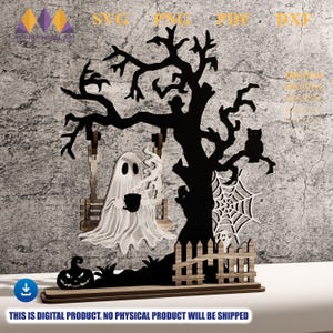 May include: A Halloween-themed wooden decoration featuring a black tree, a ghost on a swing, a jack-o'-lantern, and an owl. The design includes a spider web and a fence. The text "SVG PNG PDF DXF" is visible at the top. The product is a digital download.