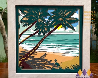 May include: A digital cut file design depicting a beach scene with two palm trees, a blue ocean, and a sandy beach. The design features two birds on the beach. The design is presented in a white frame with the words "SVG, PNG, PDF, DXF" at the top and "DIGITAL" repeated four times on the right side.