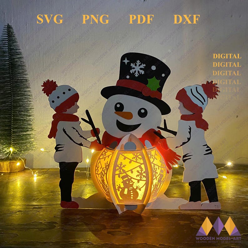 May include: A digital cut file design featuring a snowman with a red hat and scarf, holding a lantern with a snowman design. Two children, one with a red hat and the other with a blue hat, are standing on either side of the snowman. The design is perfect for creating a festive Christmas decoration.