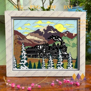 Caja de luz Svg de tren, caja de sombra de locomotora, plantilla para Cricut, para silueta