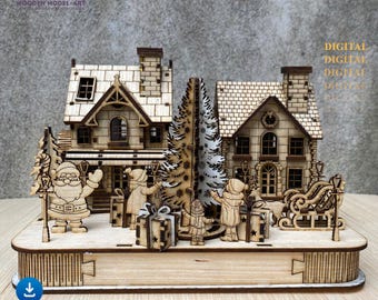 Laser Cut Christmas Village Scene Candle Holder: Christmas Table Lamp Decor (Digital File)