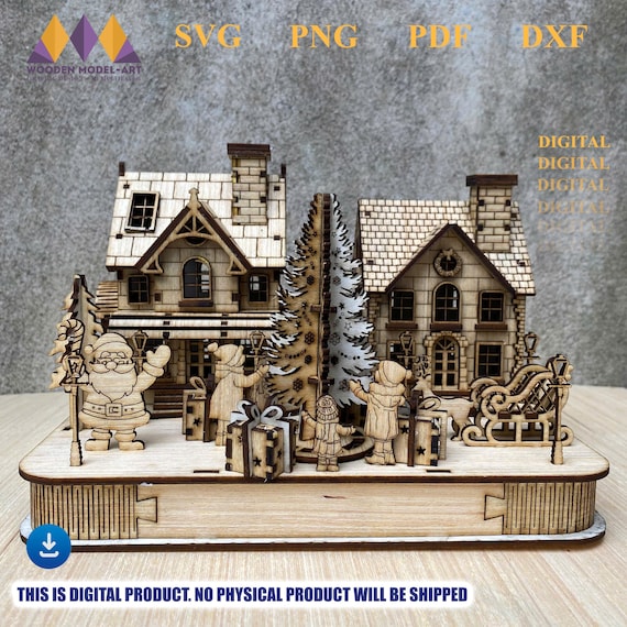 Laser Cut Christmas Village Scene Candle Holder: Christmas Table Lamp Decor (Digital File)