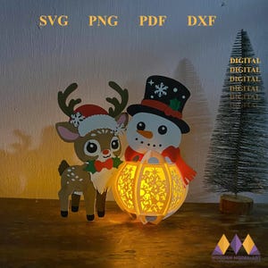 SNEEUWMANLANTAARN papier Svg, 3D REEINDEER lantaarn schaduwdoos, kerstsneeuwpop decor, doe-het-zelf papieren lantaarns - Xmas papier snijden sjabloon Svg