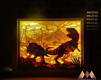 Pode incluir: Um download digital de um design de caixa de luz de sombra com tema de dinossauros. O design apresenta um T-Rex, um Triceratops e um vulcão. O design está disponível nos formatos SVG, PNG, PDF e DXF.
