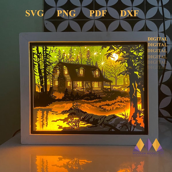 CHRISTMAS CABIN Svg Light Box - 3D Winter Forest Shadow Box - Criccut - Silhouette.