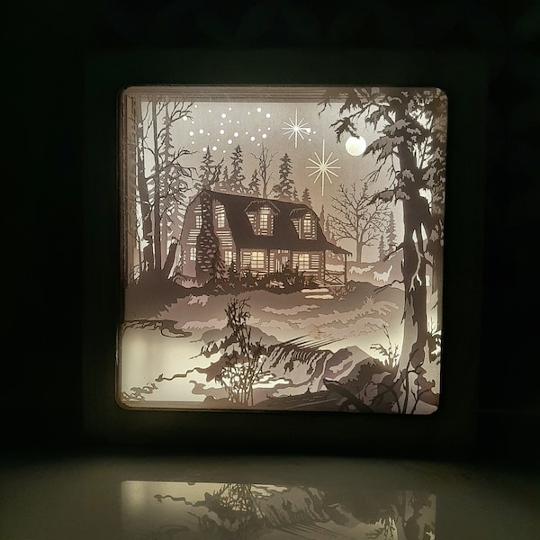 Merry Christmas Shadow Box/Lightbox Snow Santa's Cabin - Christmas/ Christmas winter in forest 3D Paper Cut Template Light Box SVG Digital