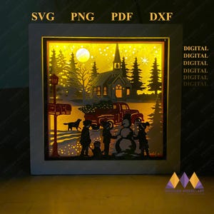 Joyeux Noël Shadow Box / scène 3D en couches - Noël / Noël hiver dans la forêt 3D papier découpé modèle Light Box SVG numérique