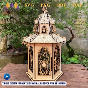 May include: A wooden lantern with intricate cut-out designs, including spiders and webs, and the text "SVG PNG PDF DXF". The multi-tiered structure has a peaked roof and arched windows. The text "THIS IS DIGITAL PRODUCT. NO PHYSICAL PRODUCT WILL BE SHIPPED" is also visible.