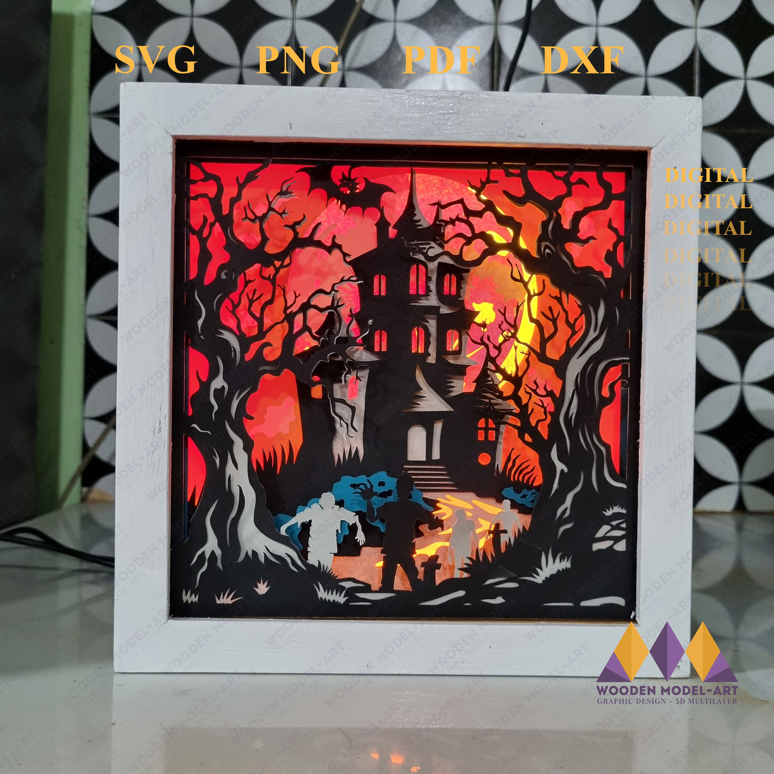 お化け屋敷のハロウィンシャドーボックスSVG：不気味なシルエット