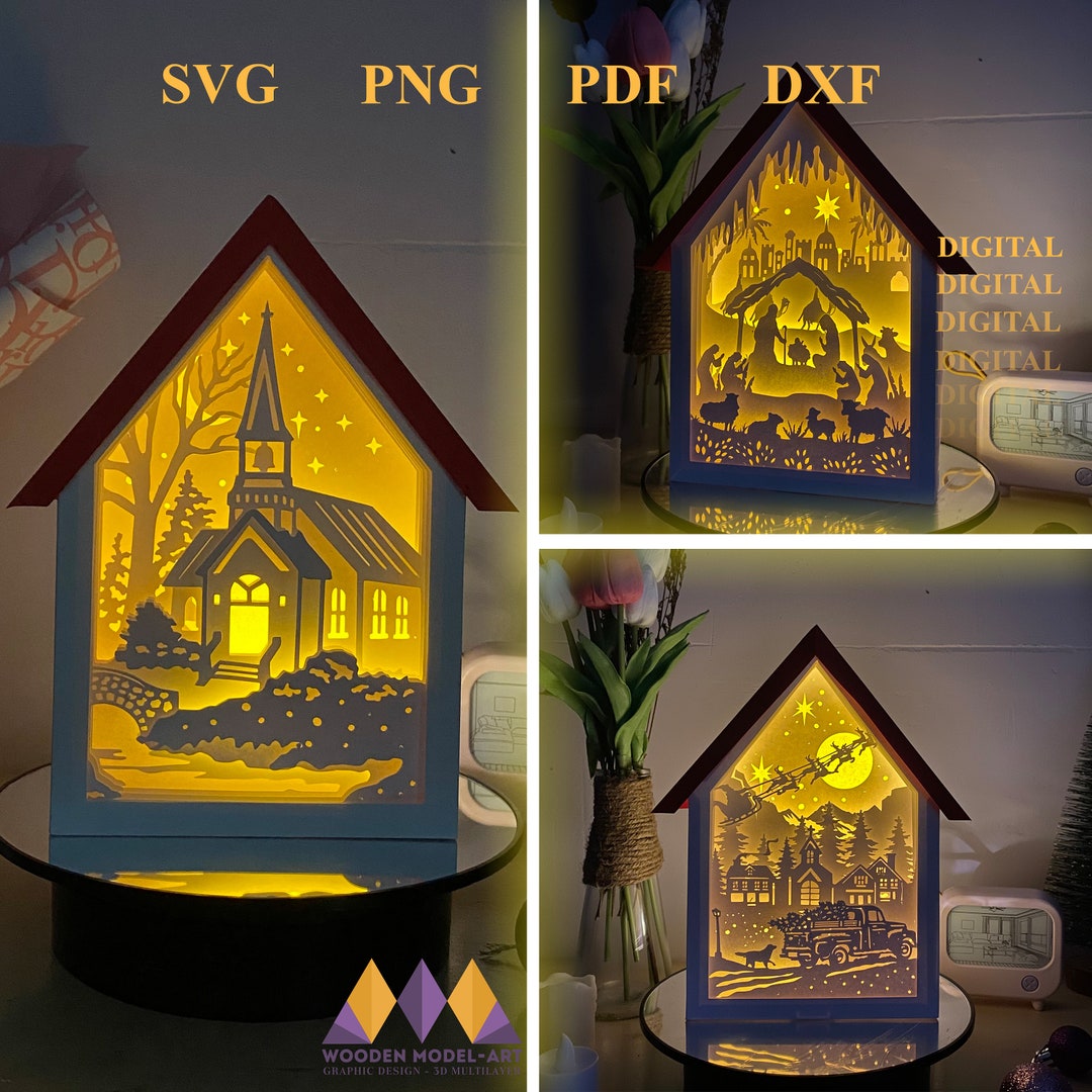 Pack 3 Christmas Lantern Shadow Box SVG, Nativity, Church, Red Truck