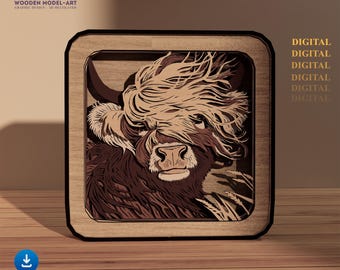 Caja de sombras de vaca de las Tierras Altas SVG: Archivo de corte láser multicapa (descarga digital)