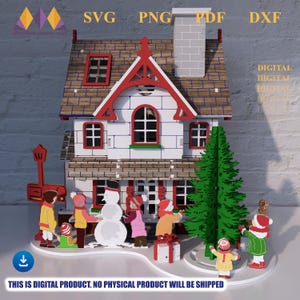 Puede incluir: Un modelo de casa navideña blanca y roja con chimenea, ventanas y tejado marrón. El modelo incluye un muñeco de nieve, un árbol de Navidad y figuras de niños. El texto de la imagen dice "SVG PNG PDF DXF" y "THIS IS DIGITAL PRODUCT. NO PHYSICAL PRODUCT WILL BE SHIPPED."
