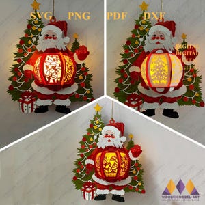 Pack 3 Père Noël lanterne de Noël en papier Svg, boîte d'ombre de lanterne 3D, décoration de Noël, lanternes en papier bricolage - Modèle de découpe de papier de Noël Svg