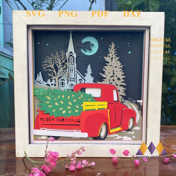 3D RED PICKUP Christmas Shadow Box - Christmas Pine Tree Decor - Light Box - Criccut - Silhouette.