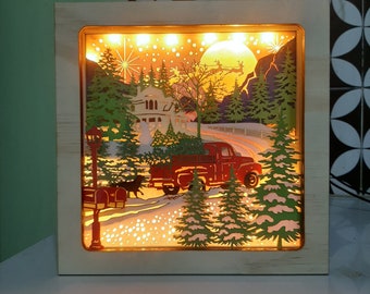 Merry Christmas Shadow Box/Lightbox Scene 3d layered - Christmas/ Christmas winter in forest 3D Paper Cut Template Light Box SVG Digital